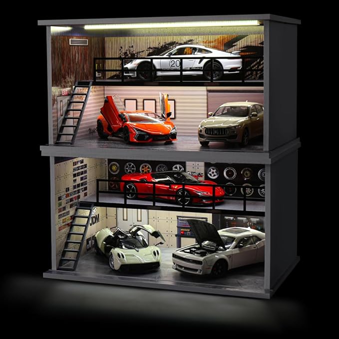 1/24 Scale die-cast Model car Display case with LED Light and Acrylic Cover, Parking lot Scene Diorama Toy Storage Garage Show case for Lego Collectors, Double Layer with 4 Parking Spaces