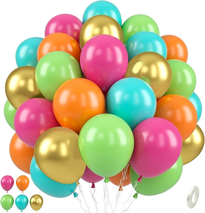 Paready Tropical Balloons Set, 50 Pcs Hawaiian Party Balloons, 12 Inch Hot Pink Orange Teal Green Metallic Gold Latex Balloons Colorful Helium for Baby Shower Summer Party Pool Beach Party Decorations