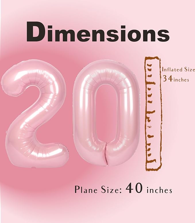 SUWEN 40 Inch Pink Large 20 Number Balloons Big Foil Helium Number Balloons 0-9 Jumbo Happy 20th Mylar Birthday Party Decorations for Women Anniversary Party Supplies