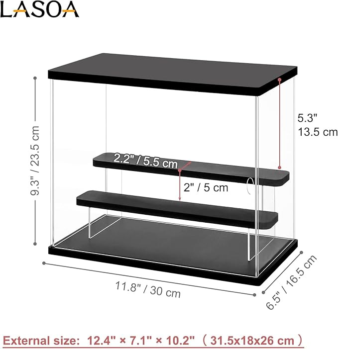 LASOA Acrylic Display Case with Adjustable LED Lights, 3 Tier Clear Display Box for Action Figures and Collectibles, Self-Assembly Showcase with Black Base for Miniatures, 11.8x6.5x9.4inch