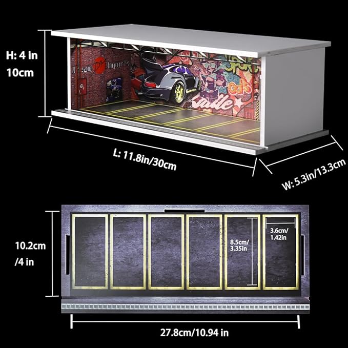 1/64 Scale Hot die-cast Wheels Model car scenarios Display case with LED Light and Acrylic Cover, Scenes Parking lot Diorama Storage Garage Box with 6 Parking Spaces (Graffiti)