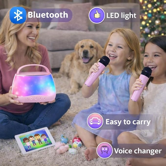 Kids Karaoke Machine with 2 Wireless Microphones, Bluetooth Speaker with Voice Changer & LED Lights, Portable Singing Toy Gift for Boys & Girls Ages 3–12