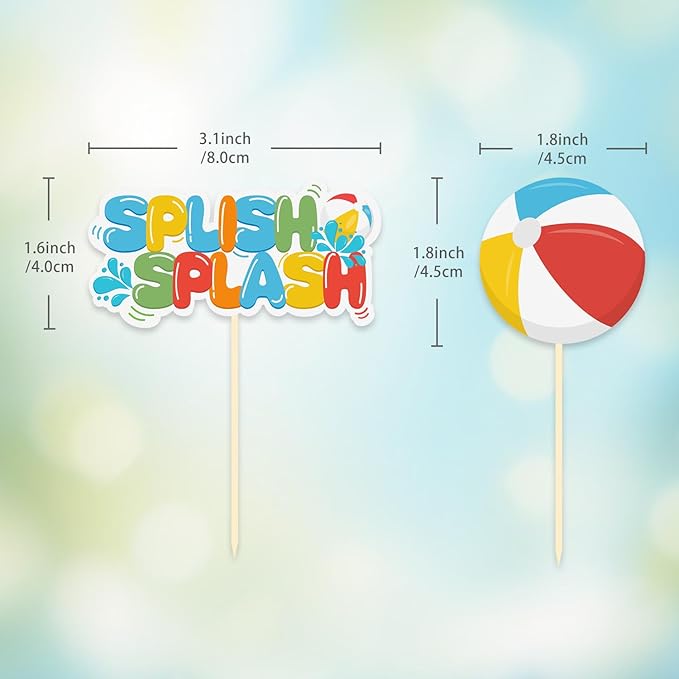 24 Pack Splish Splash Beach Ball Cupcake Toppers, Summer Pool Party Decorations Picks for Pool Theme Wedding Baby Shower Birthday Party Supplies (Splish Splash)