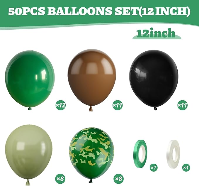 Green Brown Black Balloons, 50Pcs 12 Inches Dark Avocado Green Black Brown Camouflage Balloons for Kids Boys Dinosaur Theme Birthday Hunting Camo Adventure Theme Party Baby Shower Decorations
