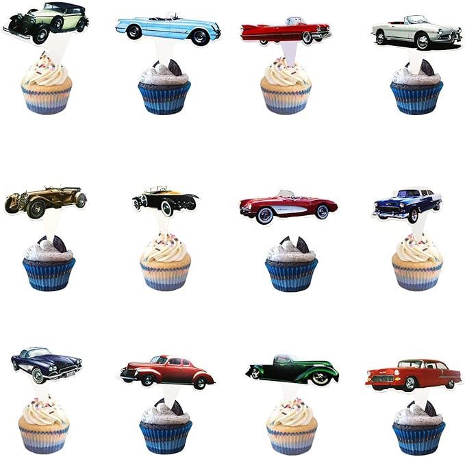 Classic Cars 24 pcs Cupcake Toppers, 1950's Convertible Vintage Car Theme Party Supplies Favors,Cake Picks For Birthday Anniversary Wedding Engagement Party Decorations