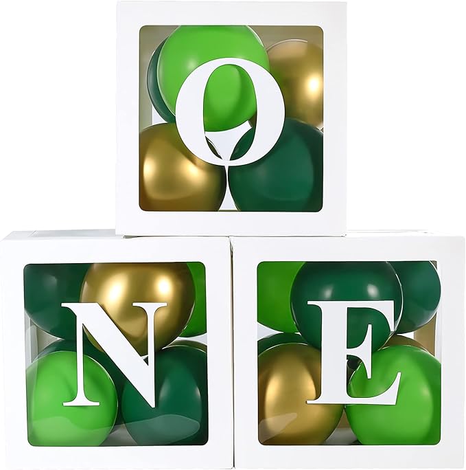 First Birthday Decorations for Boy - ONE Balloon Boxes with Green and Golden Balloons, Blocks for Safari Dinosaur Wild One Theme Baby 1st Birthday Backdrop, Cake Smash Photo Props