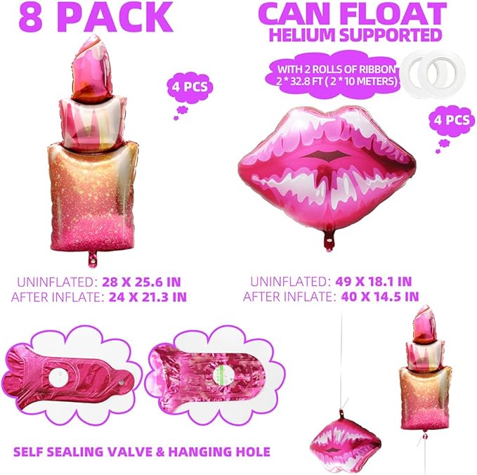 Lipstick Balloon Red Lip Balloon Makeup SPA Decor Girls Pink Princess Party Supplies, 8 Pack Romantic Kiss Bow Balloons (4+4) For Birthday Valentines Galentines Day Wedding Bridal Shower Bachelorette