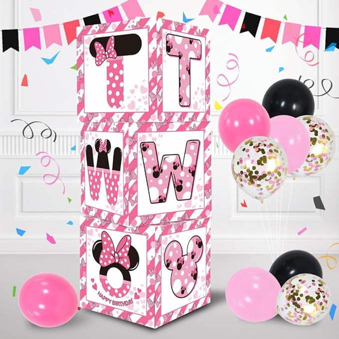 TONIFUL Pink Mouse 2nd Birthday Party Supplies Balloon Box with Letters，Pink Mouse Theme Two Years Old Birthday Party Favors for Girls Second Birthday Decorations