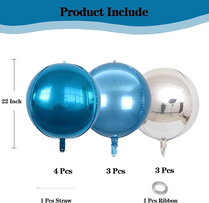 KALOR 22 Inch Blue and Silver Foil Balloons, 10 Pcs Large 4D Giant Round Metallic Foil Balloon for Birthday Party Baby Shower Graduation Party Decorations