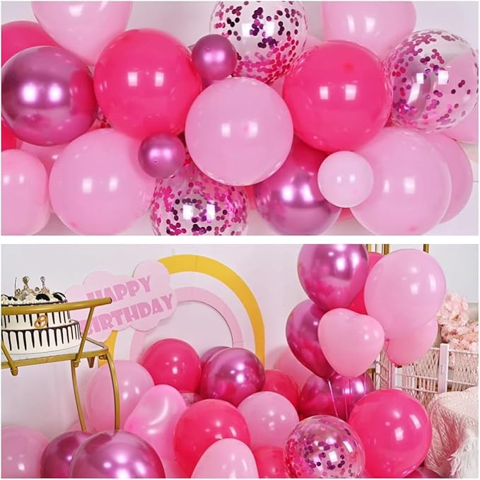 Pink Balloons, 12 Inch Metallic Hot Pink Chrome Magenta Heart Balloons Birthday Party Decorations, Baby Confetti Balloon for Valentines Day Girls Happy Birthday Decoration Princess Party