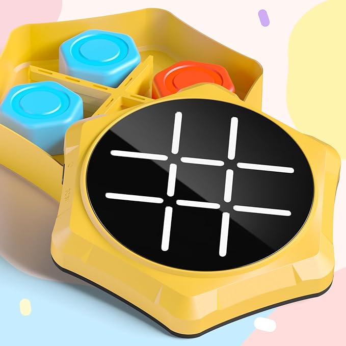 Electronic Tic Tac Toe Game, 5-in-1 Electric Tic Tac Toe with Mute & Rechargeable - Handheld Travel Board Game for Kids Ages 4+, Adults, Family - Educational Learning Toy for Boys Girls, Yellow