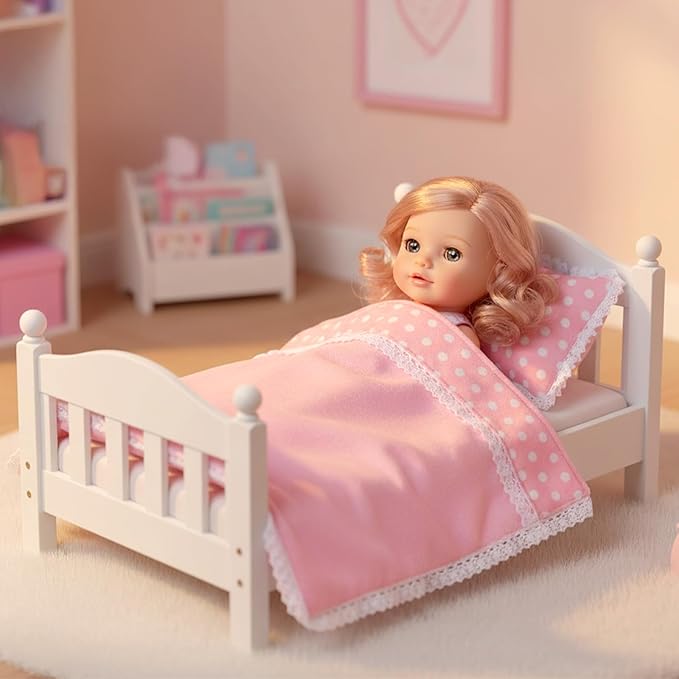 3Pcs Baby Doll Accessories Dolls Bedding Kit Playset Soft Pink Polka Dot Baby Doll Blanket Mattress Pillow Fits 8-12 Inches Dolls for Girls Dollhouse Gifts Bedding Accessories
