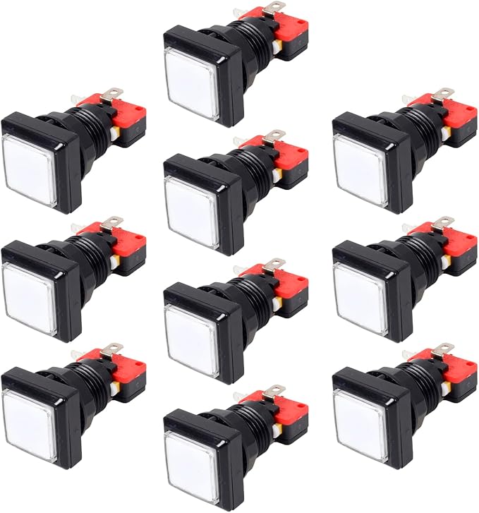 EG Starts 10x Arcade Square Shape LED Illuminated Push Button with Micro Switch Compatible for Arcade Machine Gaming Video Game Consoles Jamma Kit Parts 12V Lamp 33mm Buttons ( White Colour )