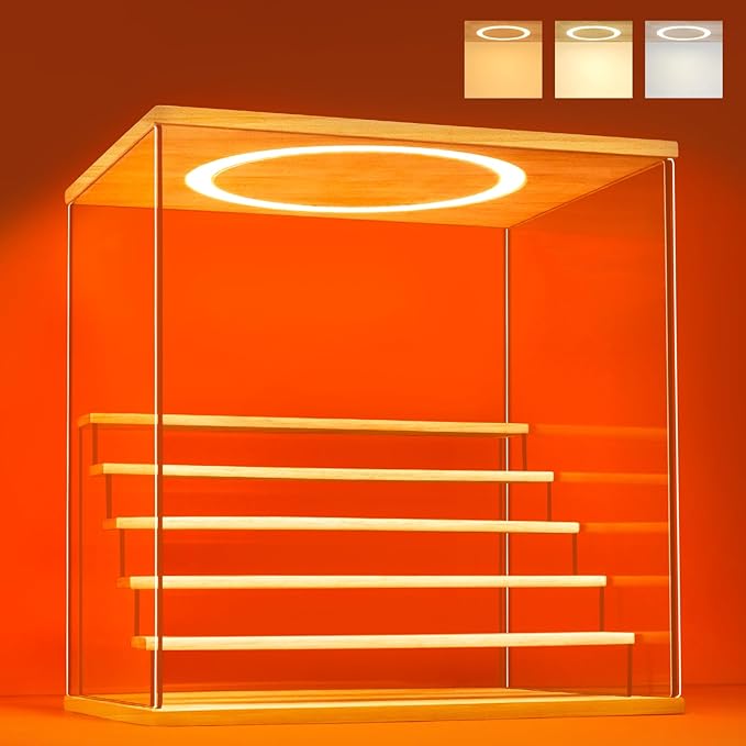 Acrylic Display Case with Adjustable LED Light, 6 Tier Clear Display Box Dustproof Showcase for Action Figures, Collectibles and Mini Toys, Assembly Display Cabinet(Wood 15.5*12.5*16.7in)