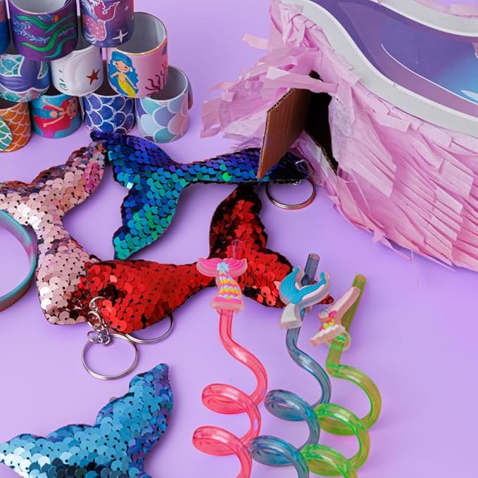 Mermaid Pinata Set Birthday Party Favors for Girl Kids Birthday Themed Party Supplies with Tail Pinata Stickers Slap Bracelet Keychain Silicone Bands and Straws 44 Pack