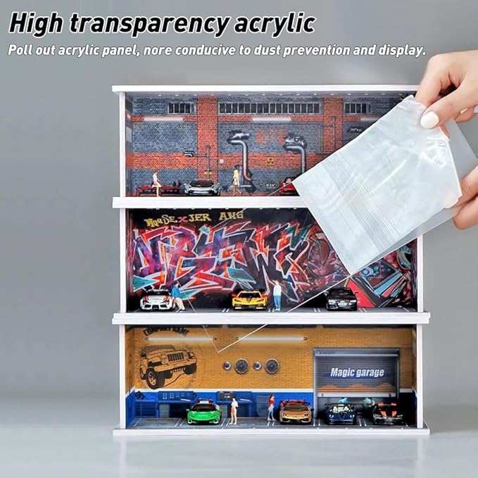 1/64 Model Car Display Case Diecast Diorama Garage，Simulated Parking Lot Model Miniature Scene Parking Lot PVC Assembly with Light Parking Space Model Display Frame Toy Display Box (Grey)