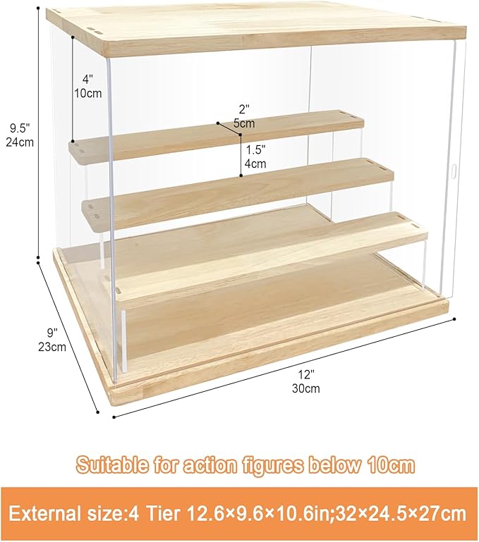 Clear Acrylic Display Case with Light , 4 Tier Display Box Stand Assembly Dustproof Protection Showcase for Collectibles Action Figures (12.6×9.6×10.6in; 32×24.5×27cm)