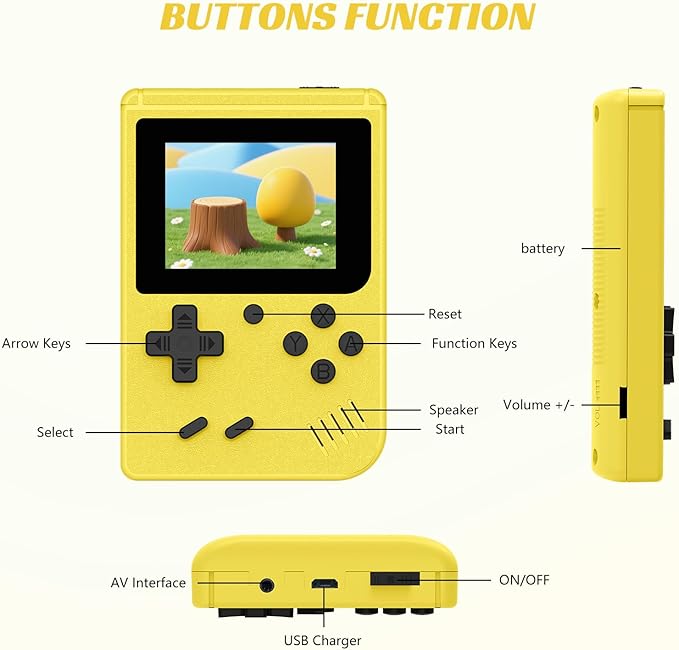 Retro Handheld Games Console, Built-in 400 Video Games,Mini Portable Video Gaming Player with 3.0 Inch IPS Screen, Rechargeable Battery (Yellow)