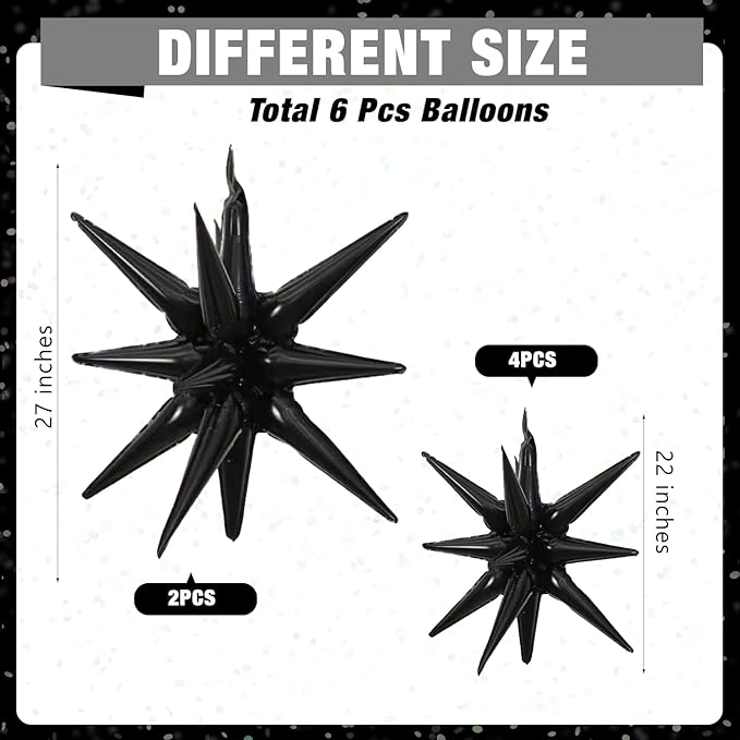 6 Pcs Black Star Foil Balloons One-Piece 14-Pointed Star Balloon 4D Starburst Cone Mylar Balloon 22inch Christmas Birthday Wedding Wedding Anniversary Party Supplies (22&27 Inches Black)