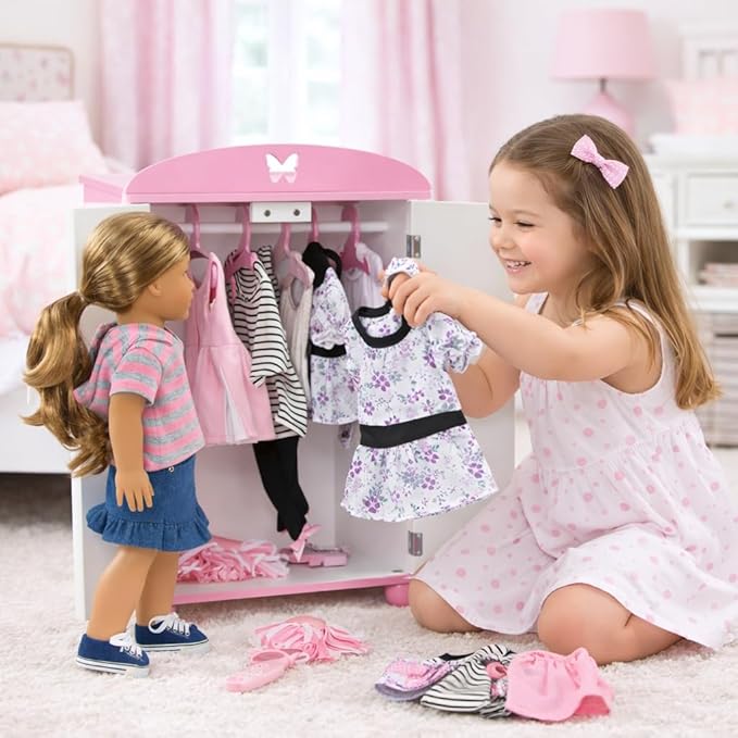 Emily Rose 18 Inch Doll Closed Door Clothes and Accessories Closet – Butterfly Furniture Collection – Fits 18” Dolls Like American Girl Our Generation Adora My Life As – Includes 5 Hangers – USA Brand