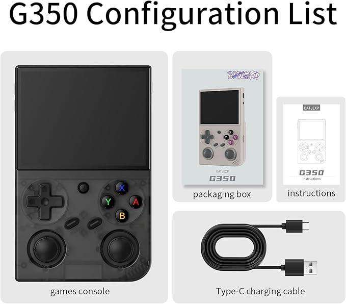 G350 Handheld Game Console , 3.5 Inch IPS Screen Linux System 3200 mAh Battery 4371 Games Preloaded , Portable Retro Video Games Console Support Controller and Earphone (Transparent Black)