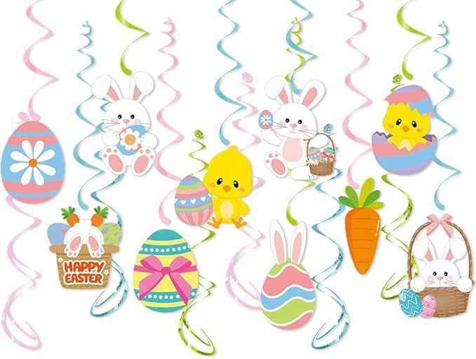Easter Hanging Swirl Decorations 26pcs, Easter Decoration Egg Bunny Foil Swirl Ceiling Decor for Home Office School, Easter Party Ornaments Favor Supplies for Spring Party Birthday