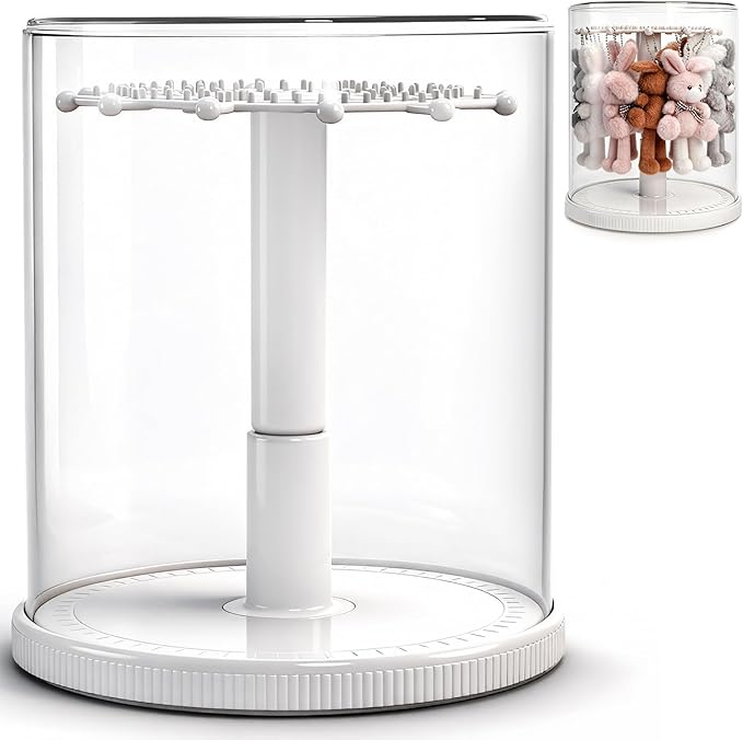 Rotating Display Case, 360° Clear Doll Display Stand, Blind Box Showcase for 6.7” Plush Dolls, Dustproof Collectible Toy Storage Organizer for Figurines, Keychain, Miniature, Jewelry (White)