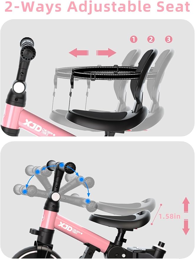 XJD Toddler Bike, 6 in 1 Folding Toddler Tricycle for 1-4 Year Old with Parental Control Handle, Balance Bike with Removable Pedal, Backrest, Adjustable Seat Height, First Birthday Gifts (Pink)