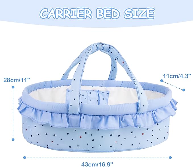 Aori Reborn Baby Dolls Outfit Set with Bassinet Accessories 7 Pieces - Realistic Babies Carrier Bed and Clothes for 16-18 Inch Newborn Lifelike Reborn Doll, Blue