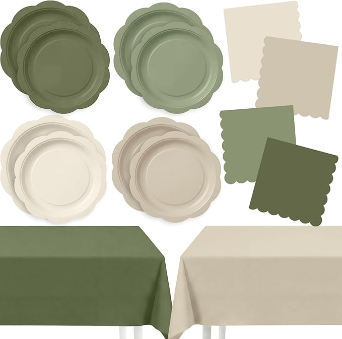 LemonRoad 100 Pcs Nude Sage Green Paper Plates Napkins and Plastic Tablecloth Set for 24, Gradient Green Tan Disposable Dinner Dessert Plate for Baby Shower Birthday Wedding Party Decoration Supply
