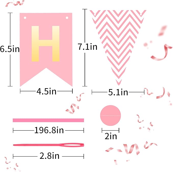 Pink Gold Happy Birthday Banner, Happy Birthday Decorations Hanging Birthday Sign Circle Dot Triangle Bunting for Women Men Girl Boy Party Supplies