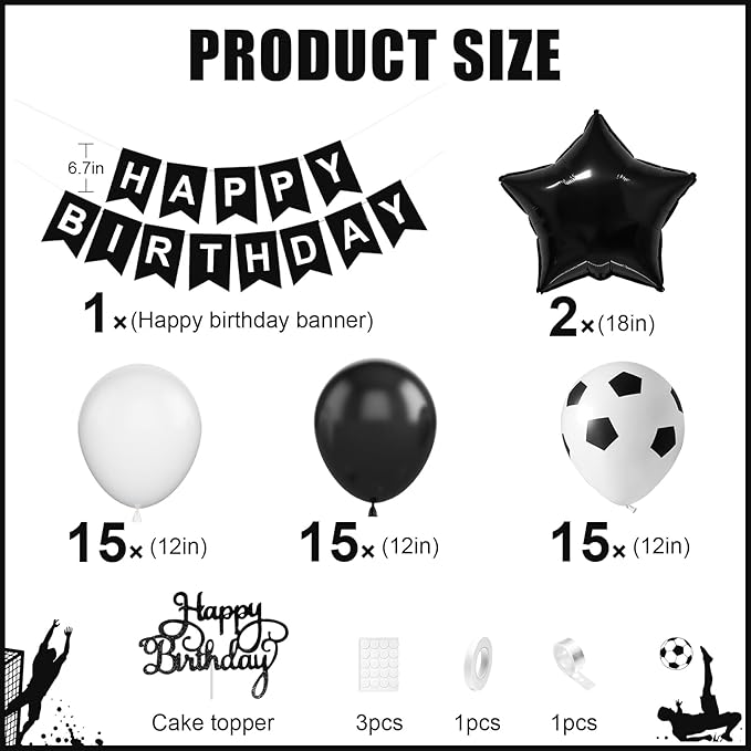 Soccer Birthday Party Decorations for Boys, Soccer Party Decoration with Black White Balloons Happy Birthday Banner Cake Toppers 18in Foil Balloon for Boys Men Girls Women Party Decor