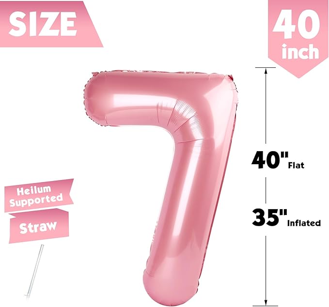 40 Inch Pearlescent Pink Number 7 Balloon, Giant 7 Number Balloons for 7th Birthday Decorations, Party Supplies for Baby Boy Girl, Pearlescent Pink Party Decor