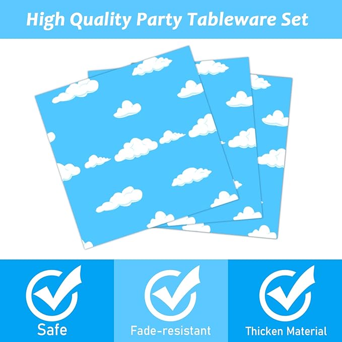 Blue Sky 96 Pc White Clouds Party Plates & Napkins - Cartoon Story Tableware Set - Clouds Theme Decorations & Favors for Girls & Boys Birthday & Baby Shower - Serves 24