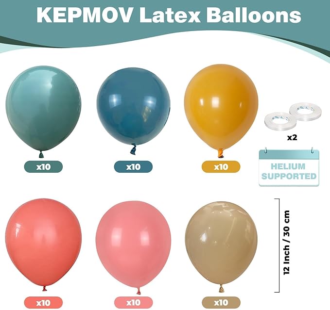 60pcs Boho Rainbow Balloons Assorted Colors Dusty Slate Blue Blush Pink Mustard Yellow Balloons, Retro Colorful Balloon Kids' Party Balloon for Here Comes the Son Baby Shower Decor Groovy Birthday