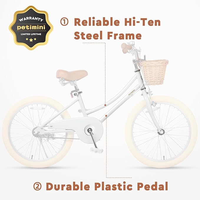 Petimini Vintage Kids Bike for Girls, 12–20 Inch Classic Bicycle with Wicker Basket & Bell, High Tensile Steel Frame, Training Wheels (12–18”), 85% Pre-Assembled, Retro Bike for Outdoor Riding