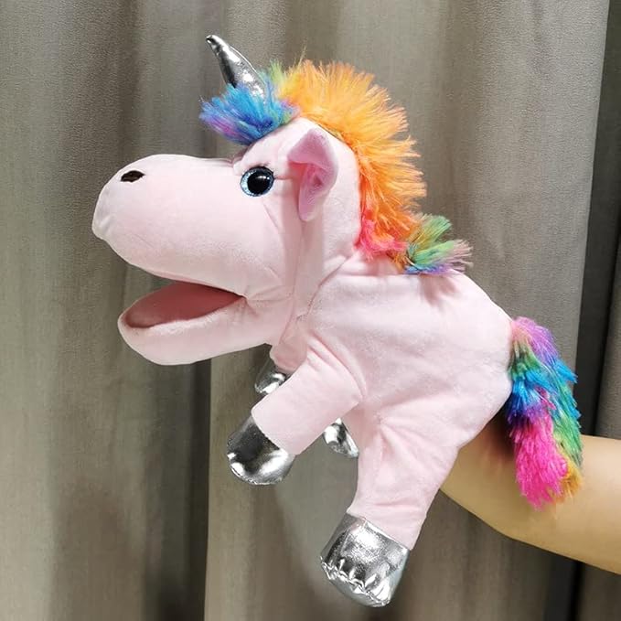 Hopearl Plush Unicorn Hand Puppet with Open Movable Mouth for Imaginative Play, Role Play, Interactive Toy for Storytelling Teaching Puppet Theater, Birthday Gifts for Kids Girls, Pink, 12''