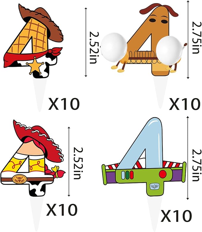 40pcs Cartoon Story Cupcake Toppers 4th Birthday for Boys Girls 4th Birthday Party Supplies Decorations