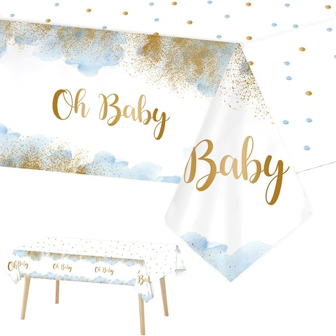 3 Pieces Blue Oh Baby Tablecloth for Baby Shower Decorations Blue Watercolor Cloud Baby Shower Table Cloths for Boy Plastic Disposable Table Covers Decorations 108 x 54 Inch
