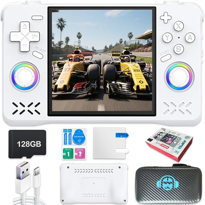 New Retro Handheld Game Console,4-inch IPS Screen with Storage Bag,Built-in 128G with 22000 Games,Linux System,Portable Pocket Mini Arcade (White,128g)