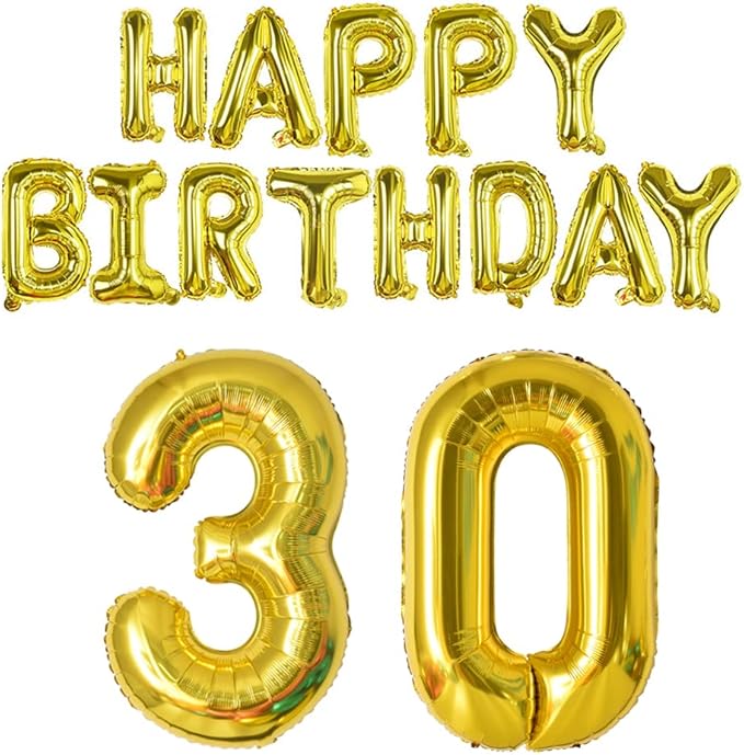 Happy Birthday Balloon Banner 40 inch 30 Balloon Number 16 Inch Happy Birthday Letters Balloons Gold Foil Mylar Balloons for Women and Man 30th Birthday Decorations Party Supplies