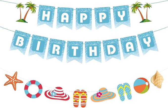 Zwiebeco Seaside Happy Birthday Party Decoration Blue White Sign Starfish Conch Hanging Paper Banner for Kids Adults Tropical Hawaiian Beach Pool Summer Accessories Supplies