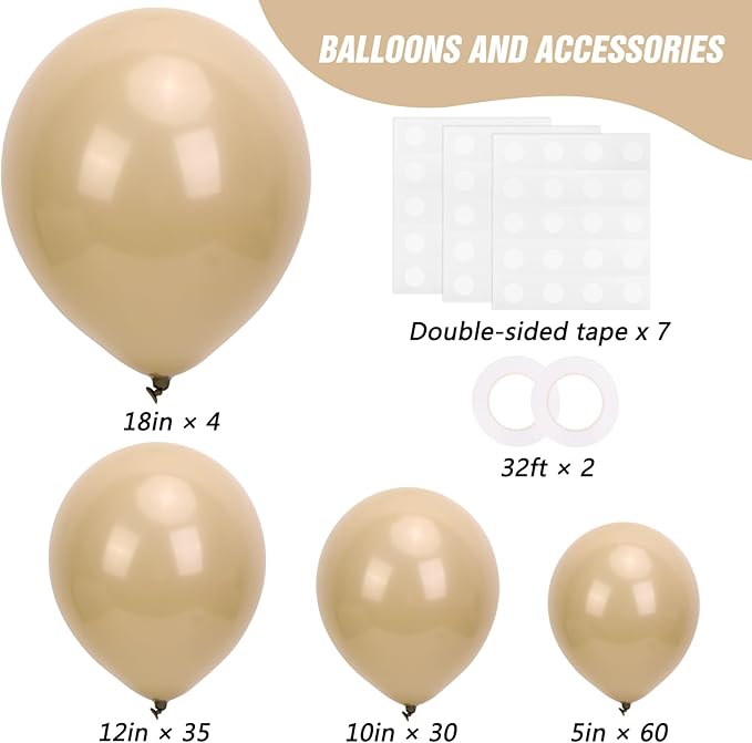 RUBFAC Vanilla Brown Balloons 129pcs Different Sizes Pack of 18 12 10 5 Inch, Latex Light Brown Balloon Garland Arch Kit for Wedding Baby Shower Birthday Party Decorations