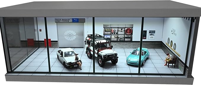 1/64 Diorama Car Garage, LED Lighting City Showroom, 1/64 Scale Diecast Car Parking Lot Storage, Scene Display Model Collection Gift (Repair Shop)