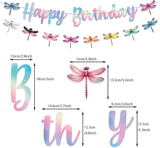 Zwiebeco Dragonfly Happy Birthday Banner Iridescent Insect Sign Hanging Paper Birthday Party Decorations for Girls Boys Kids Woodland Garden Accessories Party Supplies