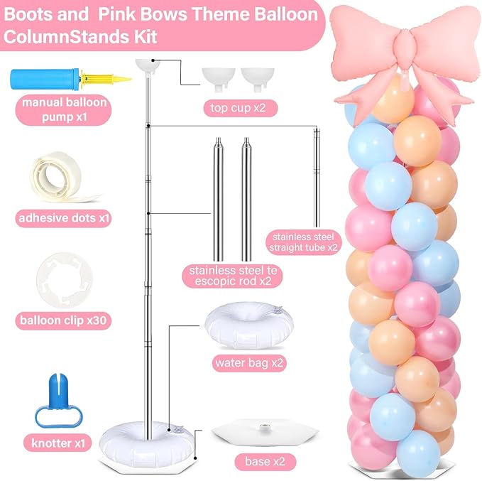 2 Sets Boots or Bows Gender Reveal Decoration Balloon Column Stand Kit with 102 Blue Pink Balloons 5.57ft Balloon Tower Stand with Base Arch for Western Cowgirl Cowboy Baby Shower Party Decor Supplies