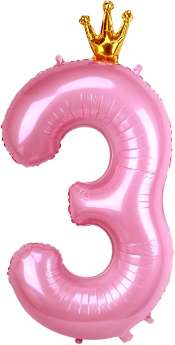 40 Inch Crown Pink Number 3 Balloon, Big Conjoined Baby Pink Foil Mylar Helium 3 Balloon for Girls 3rd Birthday Party Decorations Princess Theme Party Decorations Supplies Anniversary Decor