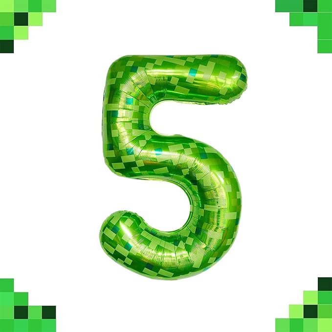 40 Inch Green Pixel Miner Number 5 Foil Balloons Large Mylar Mining Theme 5th Number Balloon Video Game Birthday Decorations Pixel Game Party Supplies