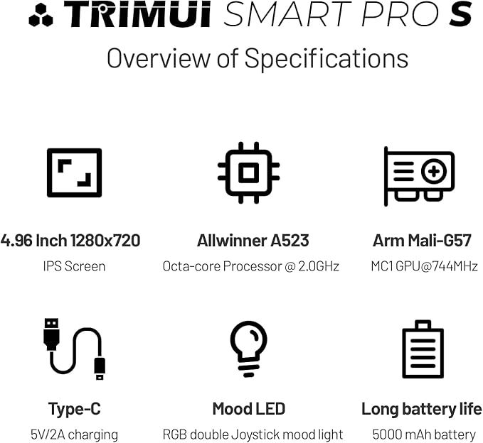 Trimui Smart Pro-S 4.96″ Retro Handheld Game Console, Allwinner A523 Octa-Core 2.0GHz, Mali-G57, Active Cooling, L3/R3, Linux, 8GB + microSD (Black-No Card)