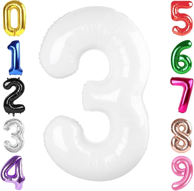 40 Inch White Number 3 Balloon, Giant 3 Number Balloons for 3rd Birthday Decorations, Party Supplies for Baby Boy Girl, White Party Decor